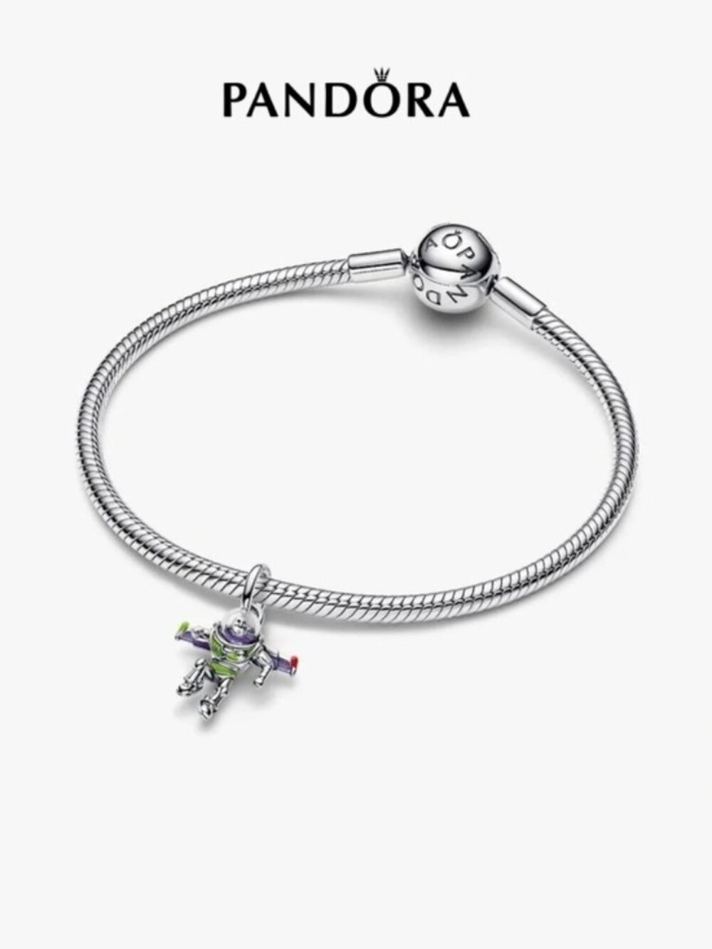 Pandora Silver Bracelet with Enamel Buzz Lightyear Charm in Purple and Green